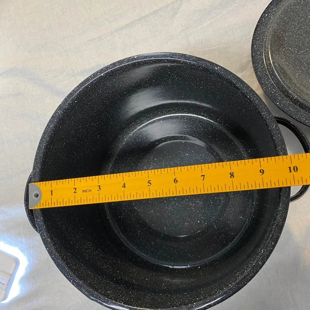 Vintage Black Speckled Enamelware Stock Pot Canner Dutch Oven w Lid 10 Qt